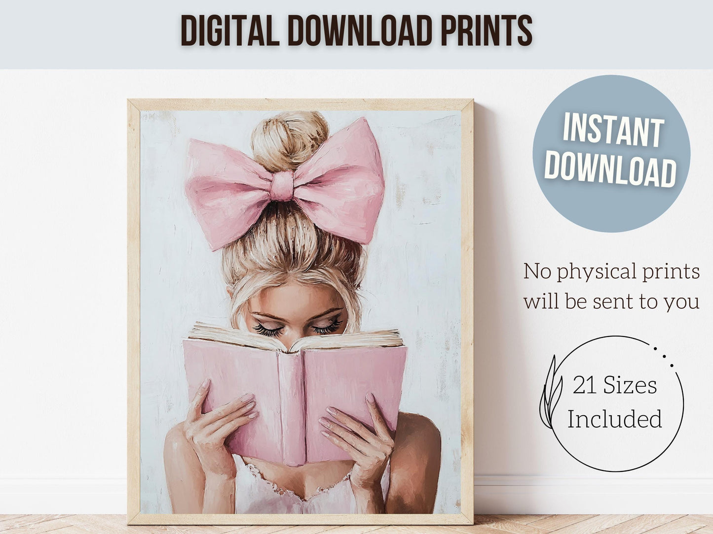 Blonde Girl Reading Poster Print, Pastel Book Nook Wall Art Print, Pink Girly Bookish Library Wall Decor, Reading Dorm Room Digital Print