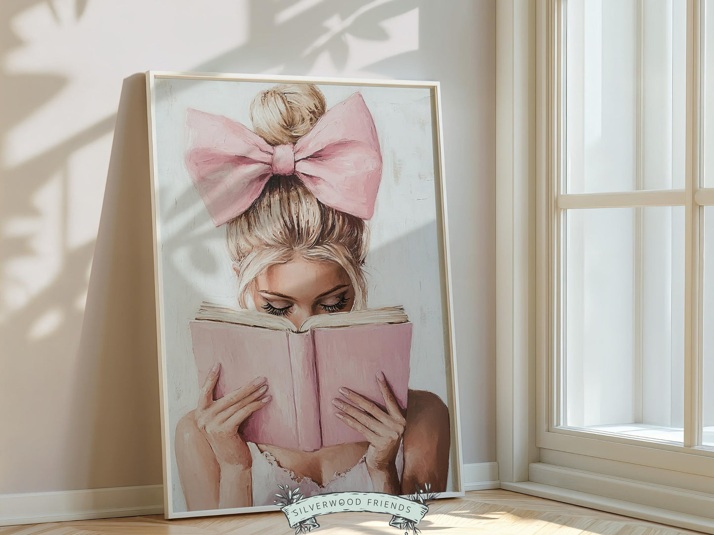 Blonde Girl Reading Poster Print, Pastel Book Nook Wall Art Print, Pink Girly Bookish Library Wall Decor, Reading Dorm Room Digital Print