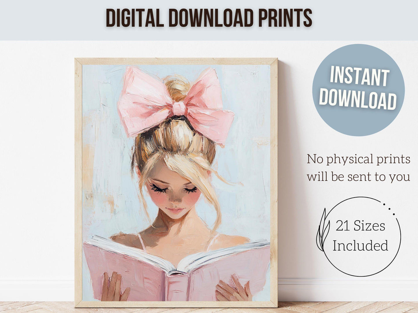 Blonde Girl Reading Poster Print, Pastel Book Nook Library Wall Art Print, Pink Girly Bookish Library Decor, Preppy Dorm Room Digital Print