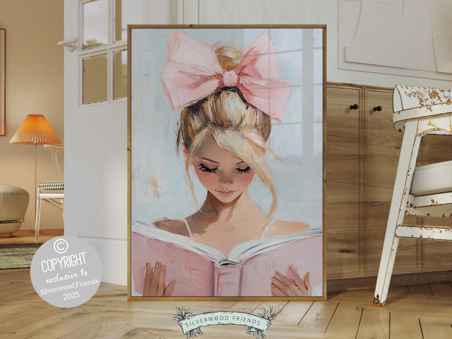 Blonde Girl Reading Poster Print, Pastel Book Nook Library Wall Art Print, Pink Girly Bookish Library Decor, Preppy Dorm Room Digital Print