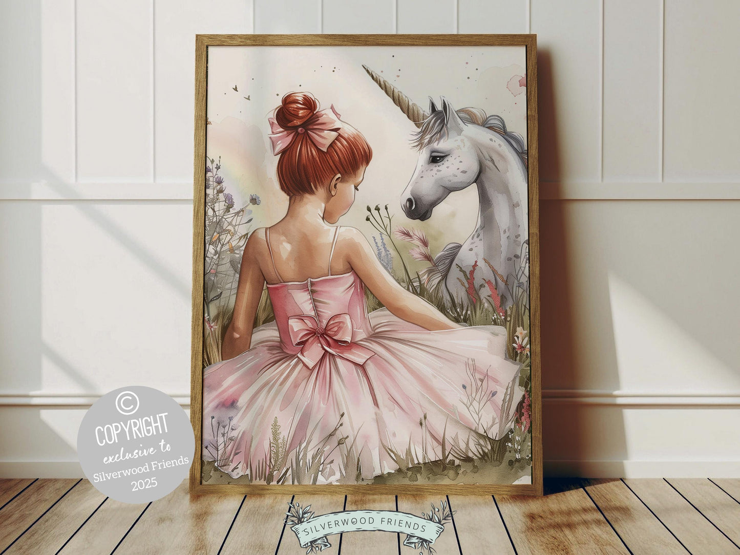 Transform your baby girls nursery with our Unicorn Nursery Print, featuring a red haired ballerina and unicorn amidst wildflowers in lovely muted watercolors.