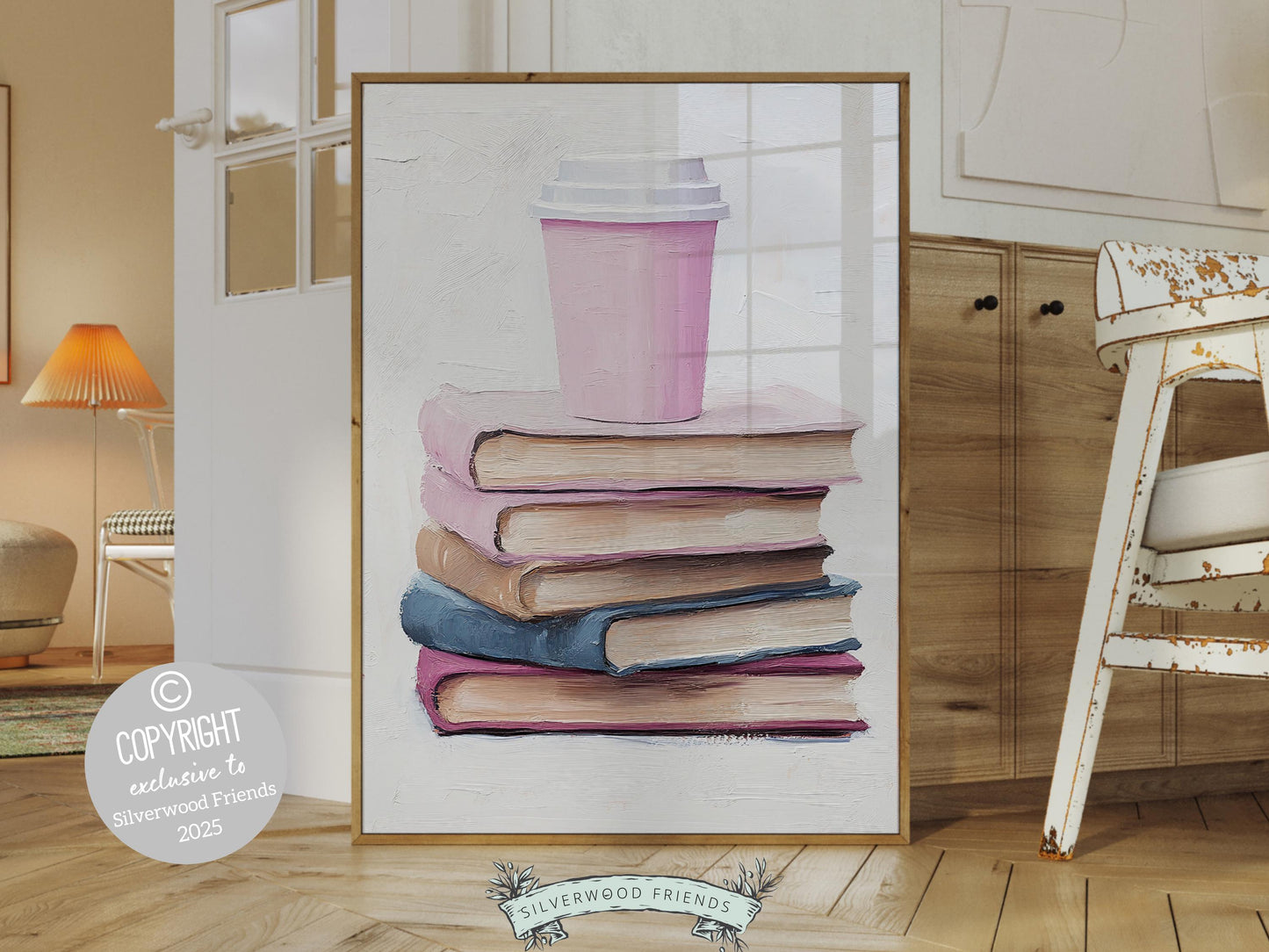 Pastel Coffee Book Poster, Coffee Bar Sign, Pastel Book Nook Library Wall Art Print, Pink Girly Dorm Room Bookish Wall Decor Digital Print