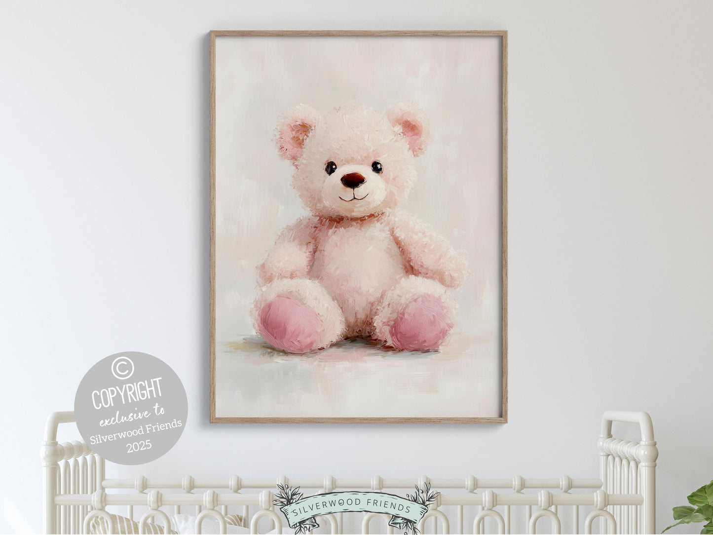 Teddy Bear Nursery Print, Baby Girl Pink Teddy Bear Nursery Decor, Neutral Teddy Bear Nursery Wall Art Watercolor Vintage Bear Digital Print