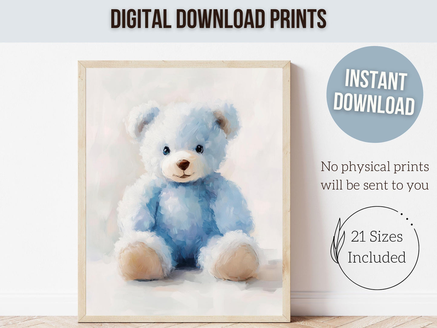 Teddy Bear Nursery Print, Baby Boy Blue Teddy Bear Nursery Decor, Boy's Teddy Bear Nursery Wall Art Watercolor Vintage Bear Digital Print