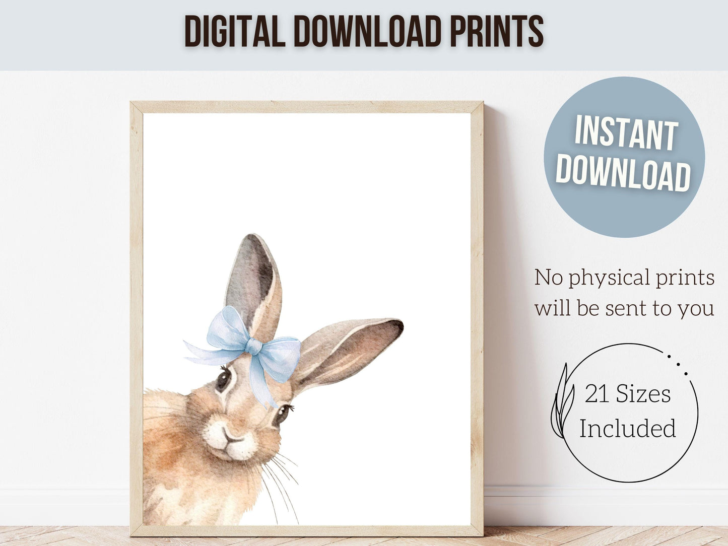 Peeking Bunny Nursery Prints, Baby Girl Woodland Animal Bunny Nursery Decor, Baby Boy Blue Bunny Rabbit Bow Nursery Wall Art Digital Prints