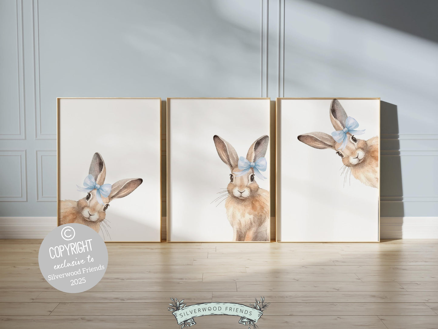 Peeking Bunny Nursery Prints, Baby Girl Woodland Animal Bunny Nursery Decor, Baby Boy Blue Bunny Rabbit Bow Nursery Wall Art Digital Prints