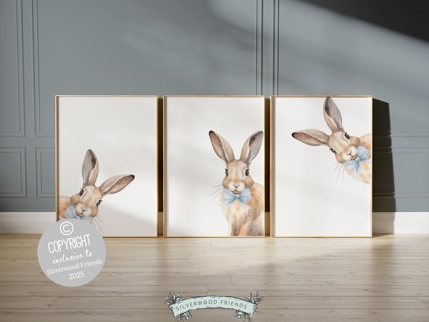 Peeking Bunny Nursery Prints, Blue Woodland Forest Bunny Nursery Decor, Toddler Boy Bunny Rabbit Blue Bow Nursery Wall Art Digital Prints