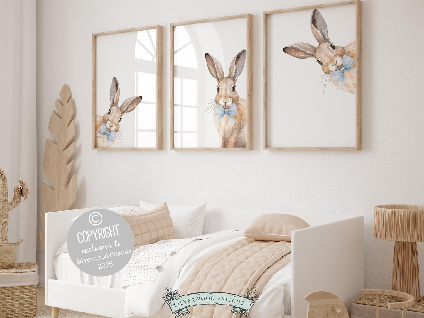 Bunny Nursery Prints, featuring sweet peeking bunnies adorned with delicate blue bow ties. Perfect for creating a dreamy bunny-themed space, this charming artwork also makes a unique and heartfelt baby shower gift!