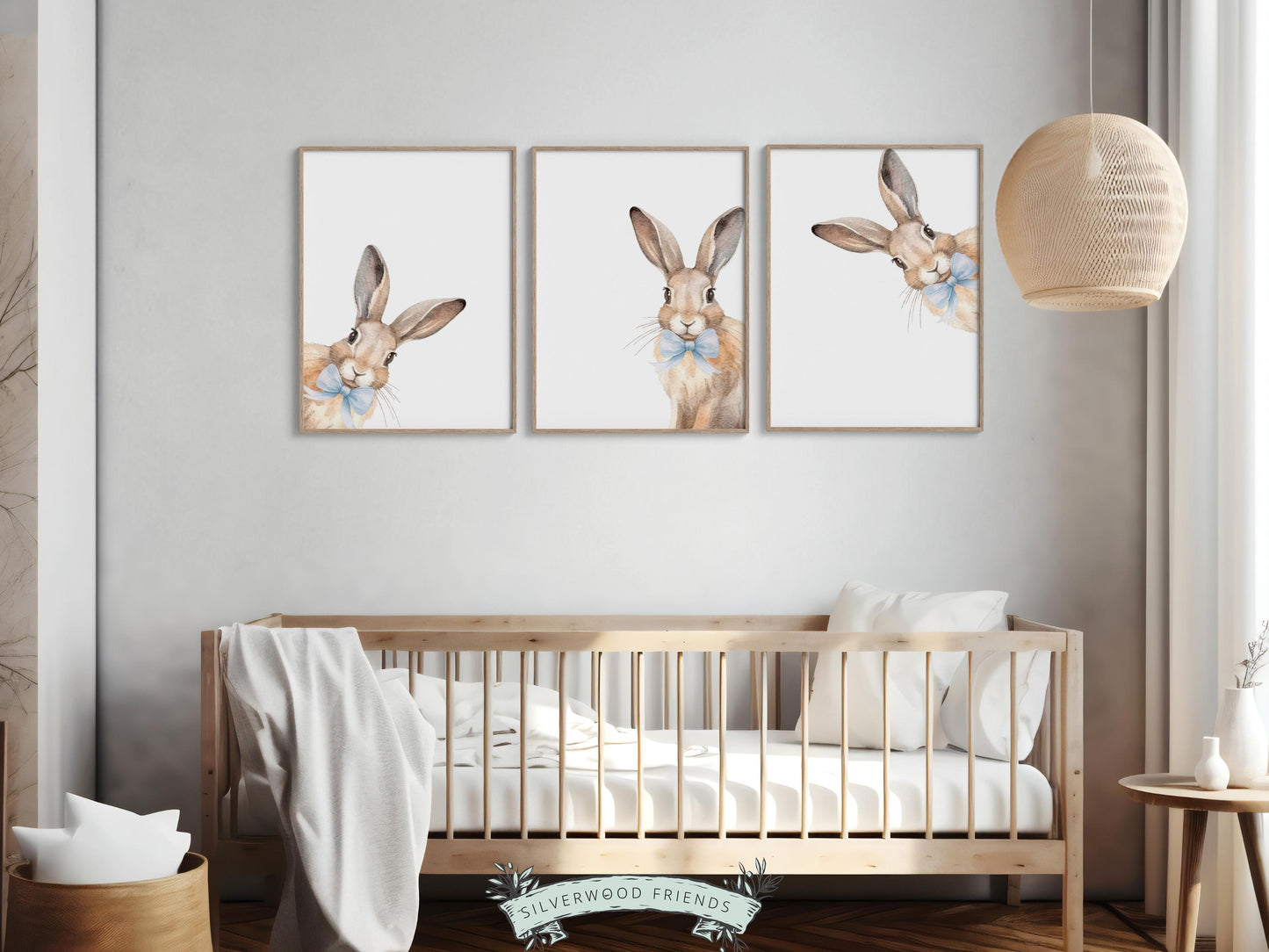 Peeking Bunny Nursery Prints, Blue Woodland Forest Bunny Nursery Decor, Toddler Boy Bunny Rabbit Blue Bow Nursery Wall Art Digital Prints