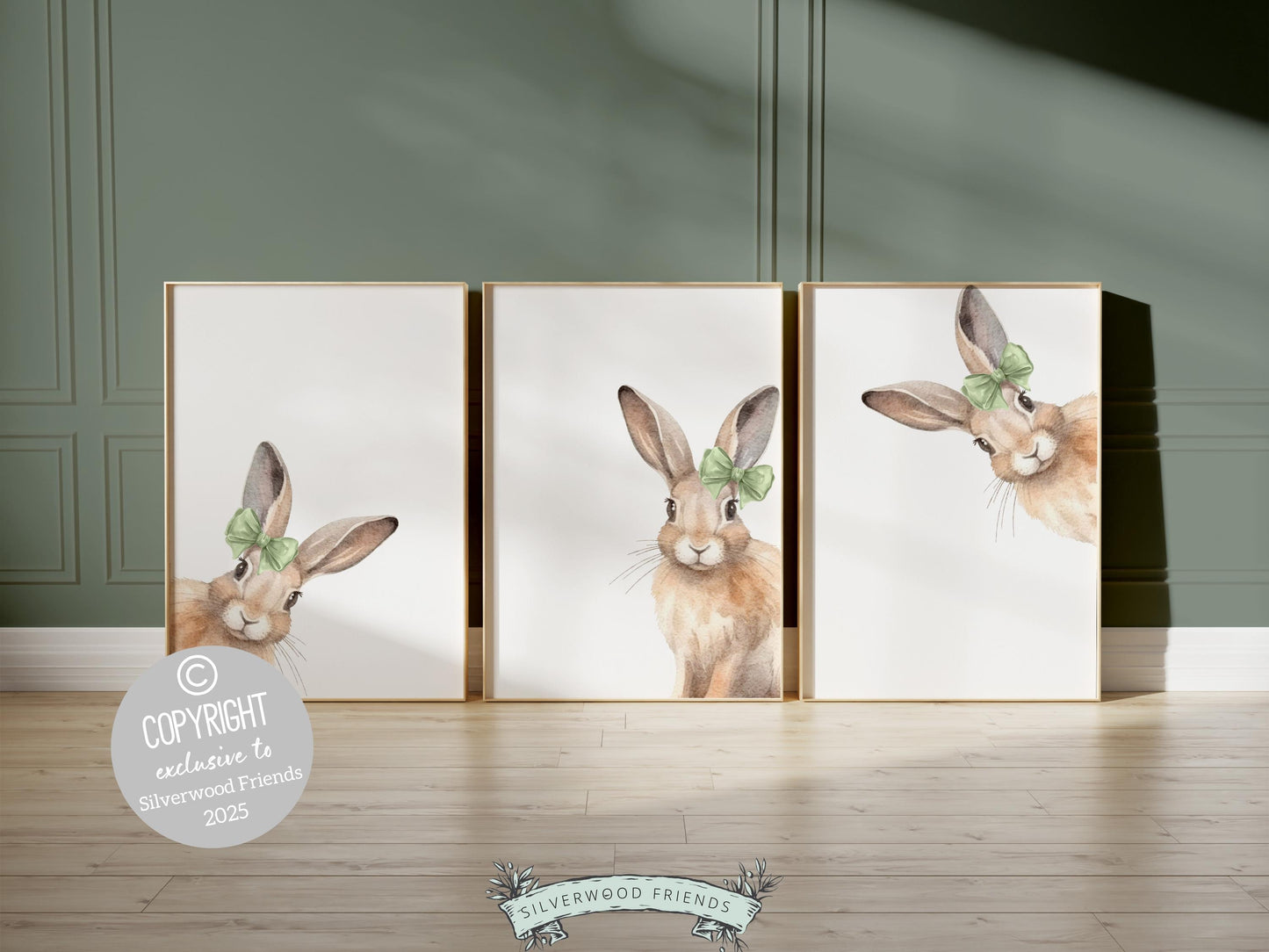 Peeking Bunny Nursery Prints, Green Woodland Forest Bunny Nursery Decor, Kids Room Wall Decor, Bunny Rabbit Nursery Wall Art Digital Prints