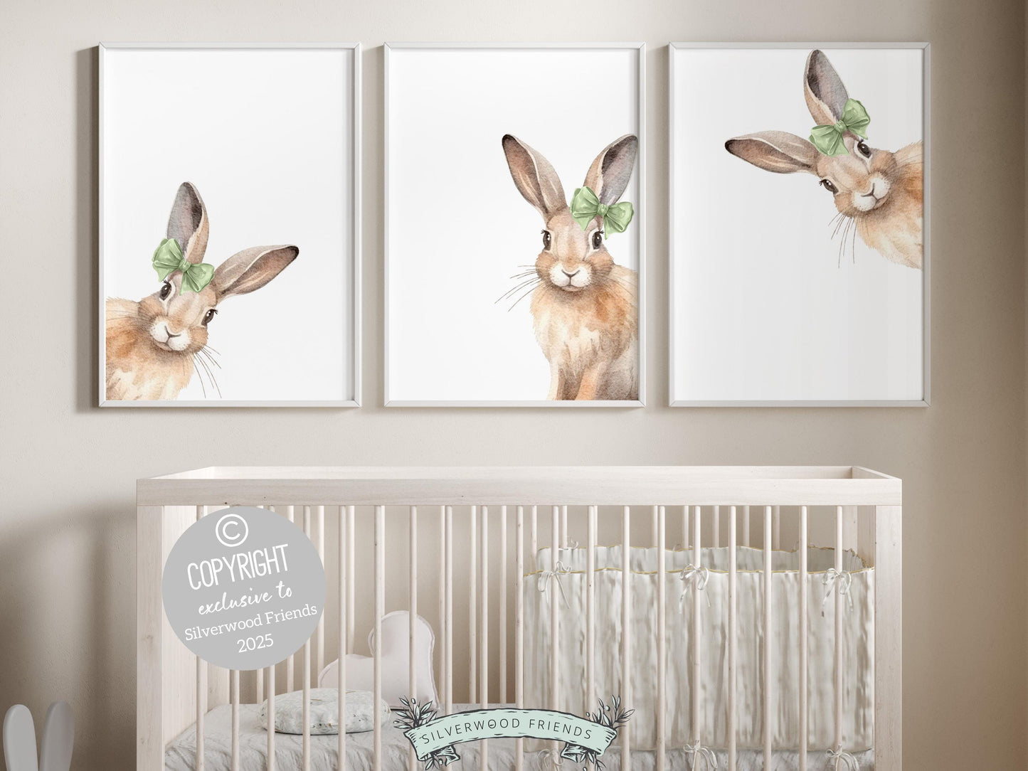 Bunny Nursery Prints, featuring sweet peeking bunnies adorned with delicate green bows. Perfect for creating a dreamy bunny-themed space, this charming artwork also makes a unique and heartfelt baby shower gift!