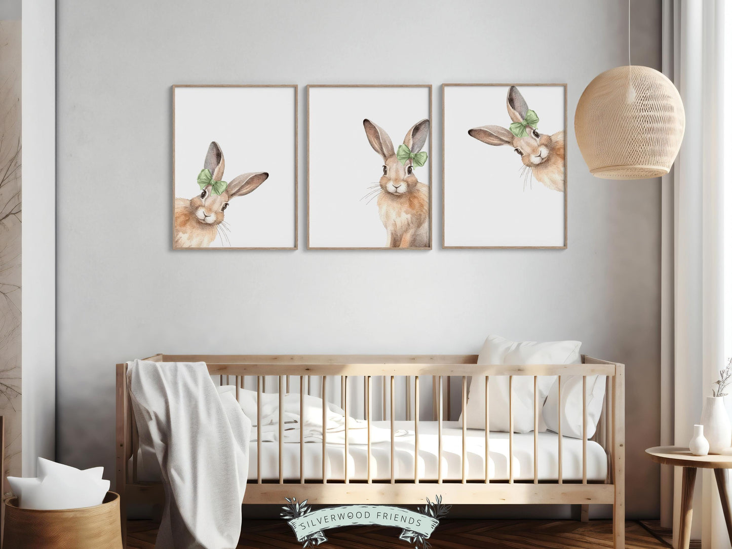 Peeking Bunny Nursery Prints, Green Woodland Forest Bunny Nursery Decor, Kids Room Wall Decor, Bunny Rabbit Nursery Wall Art Digital Prints