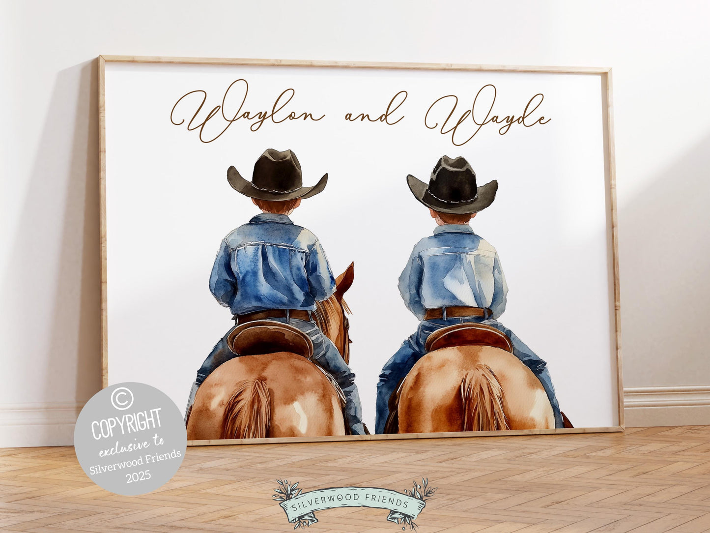 Celebrate the unbreakable bond between cowboy brothers and their horses with our enchanting custom name watercolor print, featuring two little cowboys riding together.