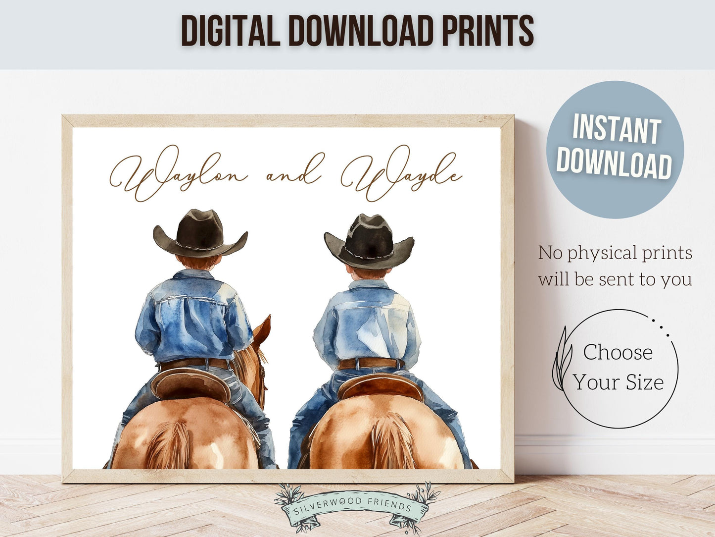 Cowboy Nursery Print, Custom Cowboy Nursery Decor, Brothers Western Nursery Decor,Sibling Cowboy Horse Riding Nursery Wall Art Digital Print
