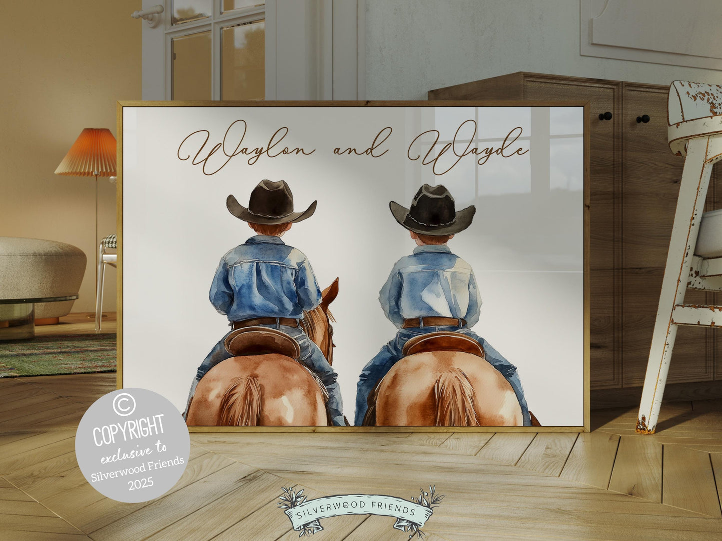 Cowboy Nursery Print, Custom Cowboy Nursery Decor, Brothers Western Nursery Decor,Sibling Cowboy Horse Riding Nursery Wall Art Digital Print