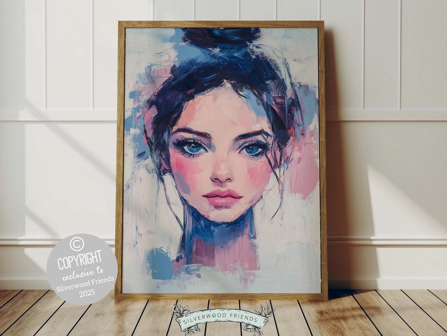 Modern watercolor print, featuring the striking face of a girl in bold pink and blue tones. Perfect for dorm rooms, apartments, or as a unique housewarming gift, this artwork exudes playful charm and contemporary style.