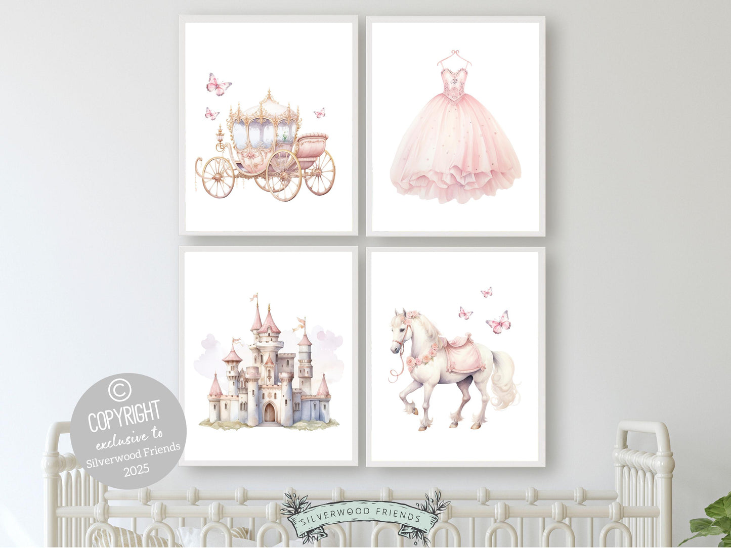 Set of 4 Princess Nursery Prints, featuring a whimsical castle, royal carriage, graceful horse, fluttering butterflies and princess dress. Perfect for a princess-themed bedroom, these magical prints inspire dreams of twirling gowns and storybook adventures, adding a touch of elegance and wonder to her space.