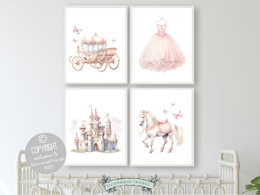 Set of 4 Princess Nursery Prints, featuring a whimsical castle, royal carriage, graceful horse, fluttering butterflies and princess dress. Perfect for a princess-themed bedroom, these magical prints inspire dreams of twirling gowns and storybook adventures, adding a touch of elegance and wonder to her space.