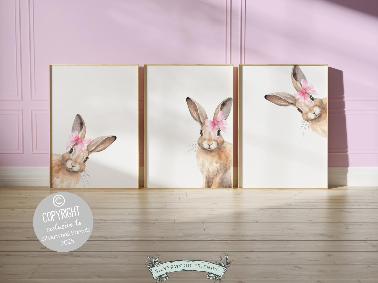 Peeking Bunny Nursery Prints, Baby Girl Woodland Animal Bunny Nursery Decor, Baby Girl Pink Bunny Rabbit Bow Nursery Wall Art Digital Prints