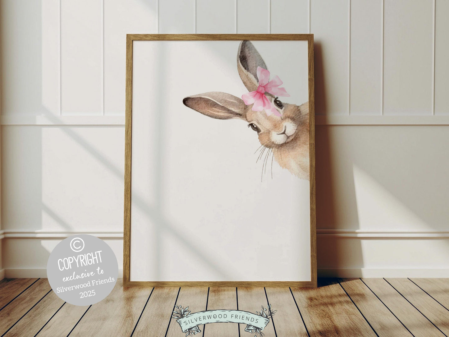 Peeking Bunny Nursery Prints, Baby Girl Woodland Animal Bunny Nursery Decor, Baby Girl Pink Bunny Rabbit Bow Nursery Wall Art Digital Prints