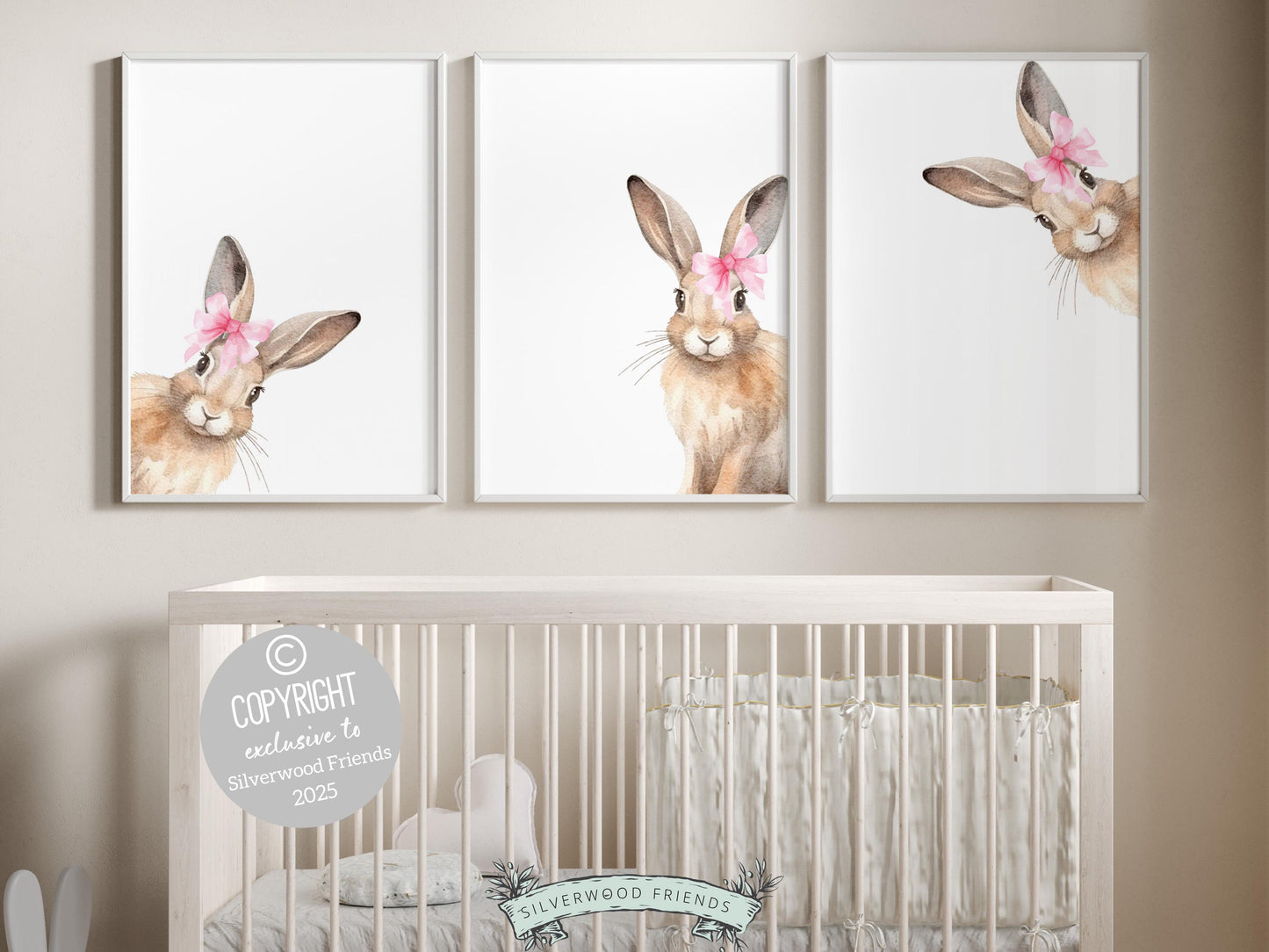 Peeking Bunny Nursery Prints, Baby Girl Woodland Animal Bunny Nursery Decor, Baby Girl Pink Bunny Rabbit Bow Nursery Wall Art Digital Prints