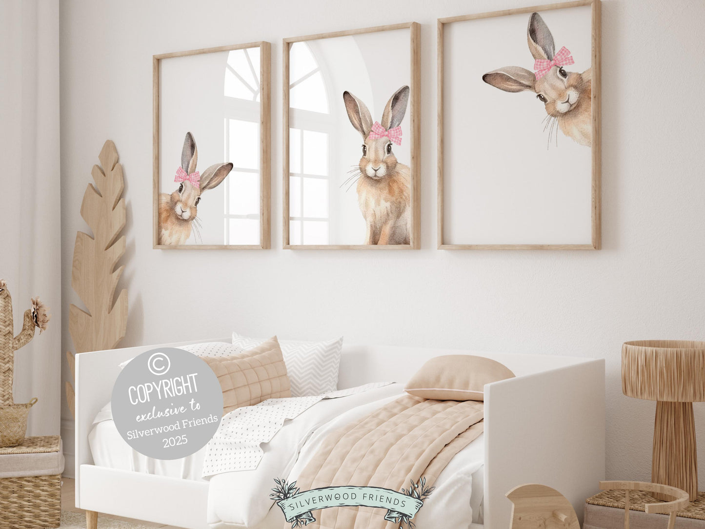 Bunny Nursery Prints, featuring sweet peeking bunnies adorned with delicate pink bows. Perfect for creating a dreamy bunny-themed space, this charming artwork also makes a unique and heartfelt baby shower gift!