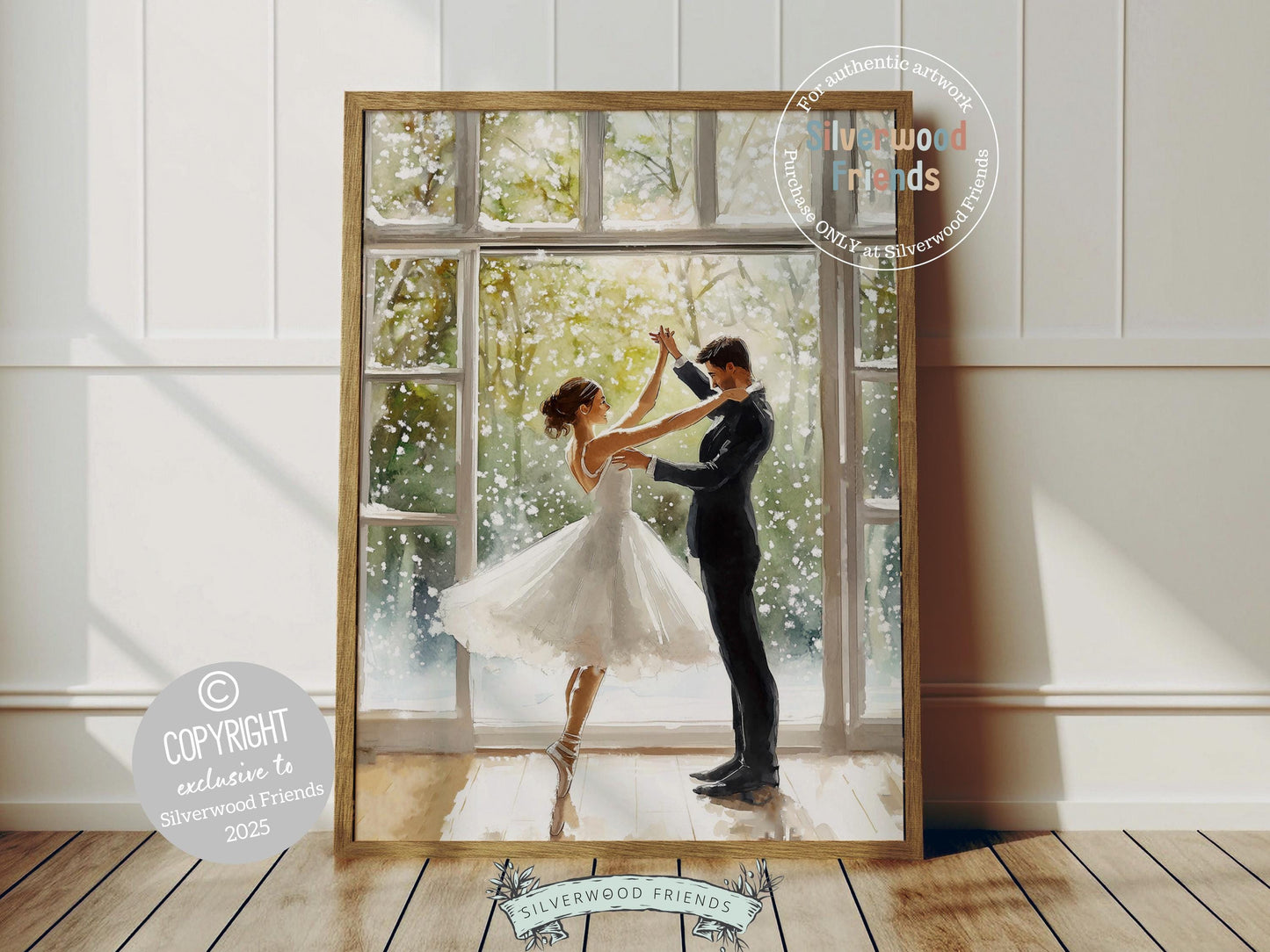 Celebrate love and romance with this enchanting winter ballet print, showcasing a graceful ballerina and her partner dancing in front of a dreamy window as snowflakes gently fall. The perfect gift for Valentines Day, Christmas, or a heartfelt housewarming present, this magical artwork brings timeless elegance and whimsical charm to any space all year round!