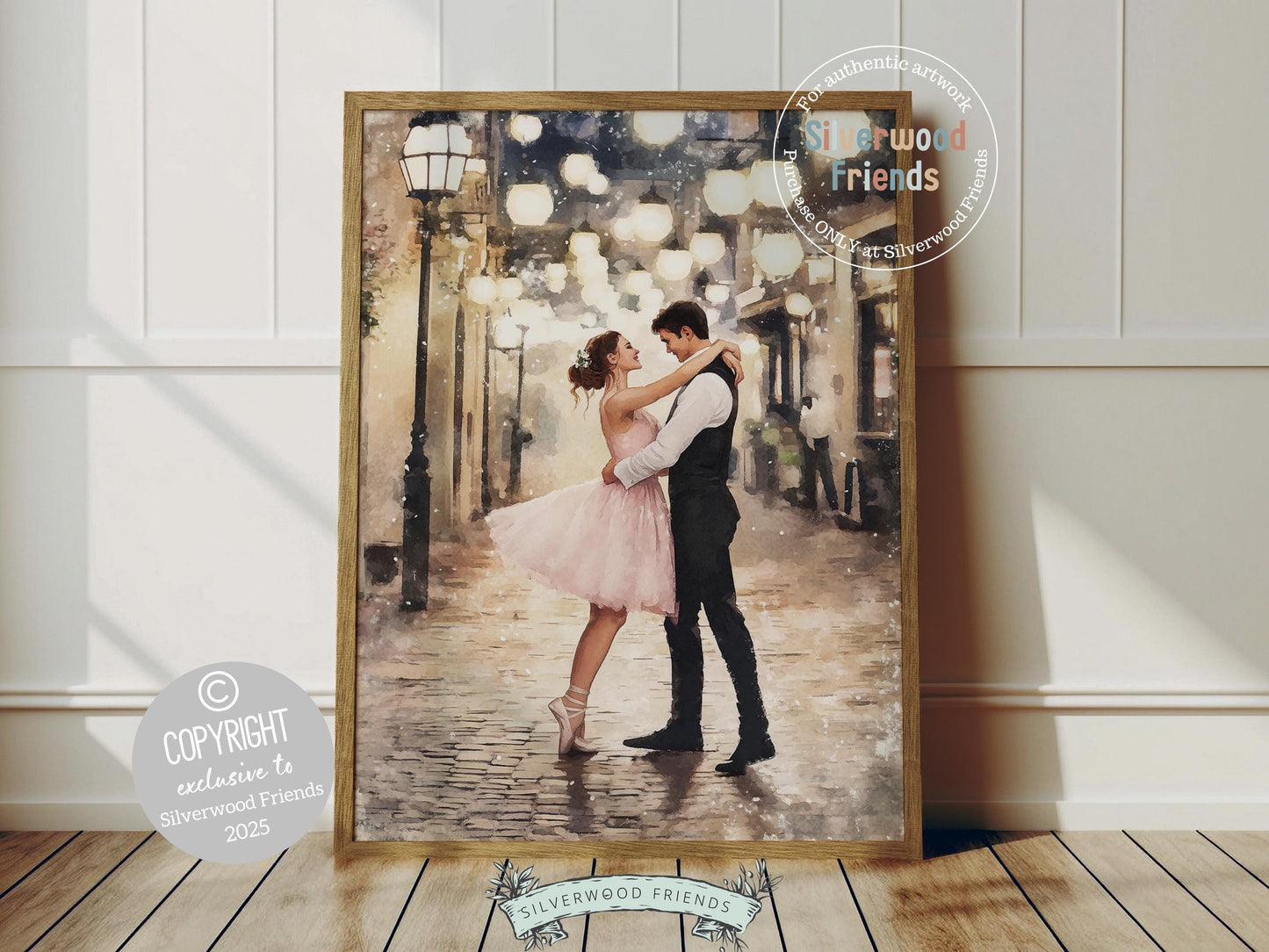 Celebrate love and romance with this enchanting ballet print, capturing a magical moment as a graceful ballerina dances with her partner beneath twinkling fairy lights. A perfect gift for Valentines Day, Christmas, or a heartfelt housewarming present for couples, this dreamy artwork adds timeless elegance and whimsical charm to any space all year round!
