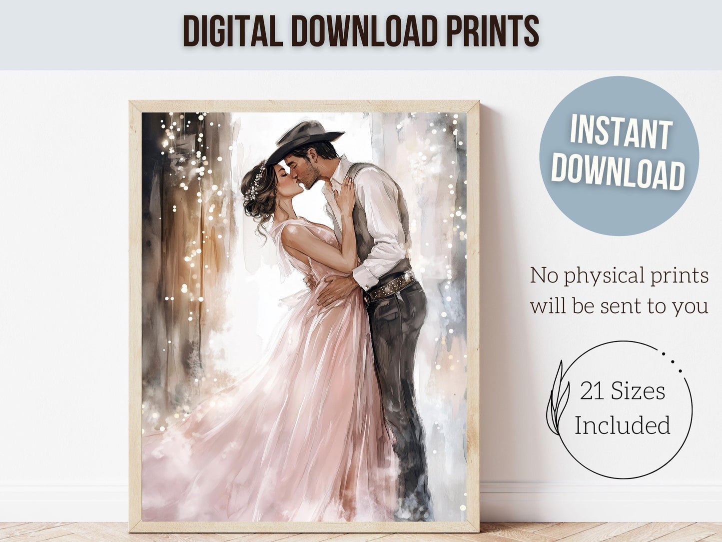Western Wedding Print, Pink Cowboy Cowgirl Printable Wall Art, Engagement Present, Rustic Country Farmhouse Wedding Decor Gift Digital Print