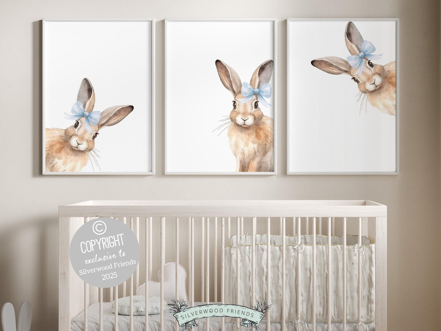 Bunny Nursery Prints, featuring sweet peeking bunnies adorned with delicate blue bows. Perfect for creating a dreamy bunny-themed space, this charming artwork also makes a unique and heartfelt baby shower gift!