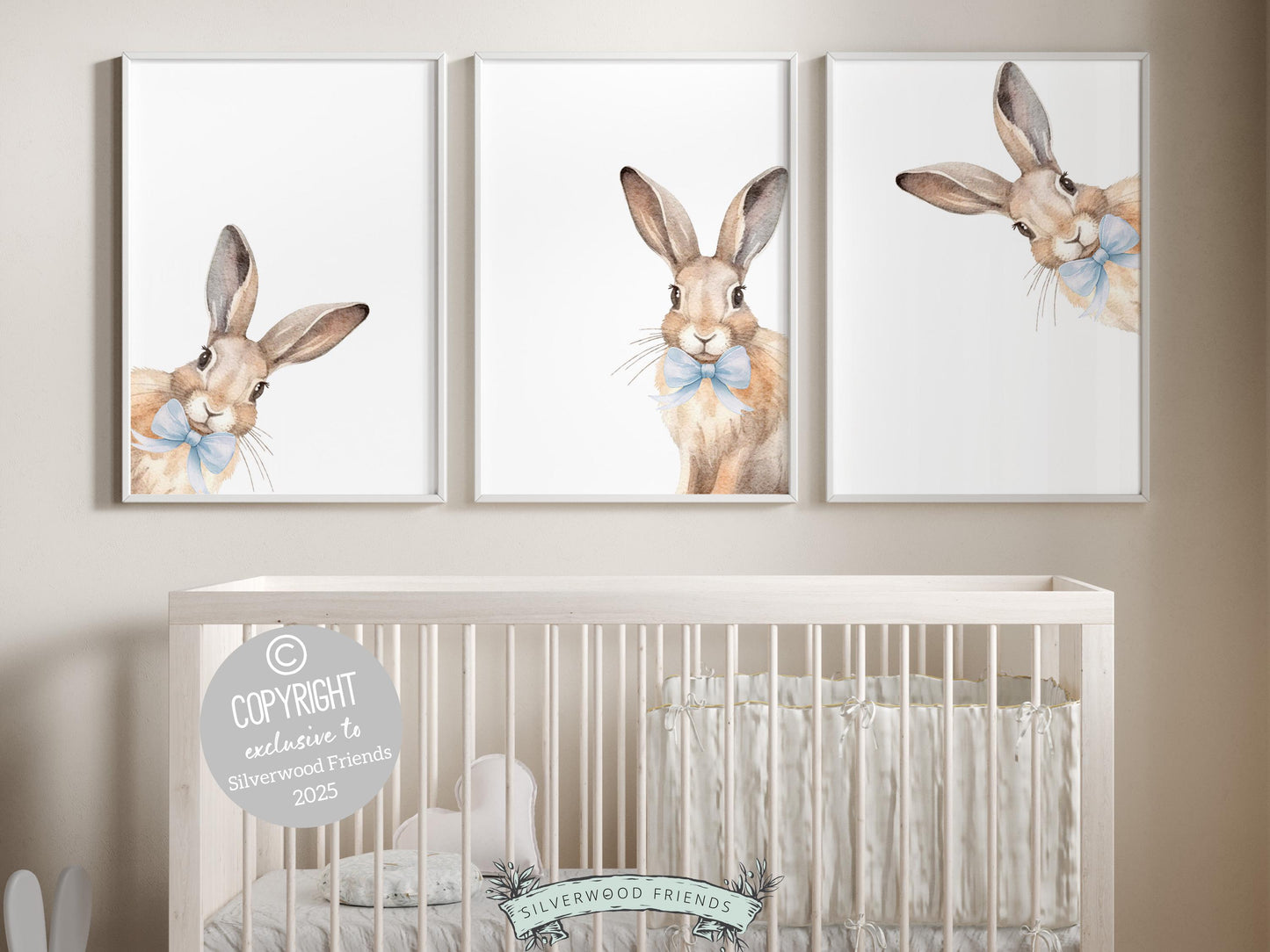 Peeking Bunny Nursery Prints, Blue Woodland Forest Bunny Nursery Decor, Toddler Boy Bunny Rabbit Blue Bow Nursery Wall Art Digital Prints
