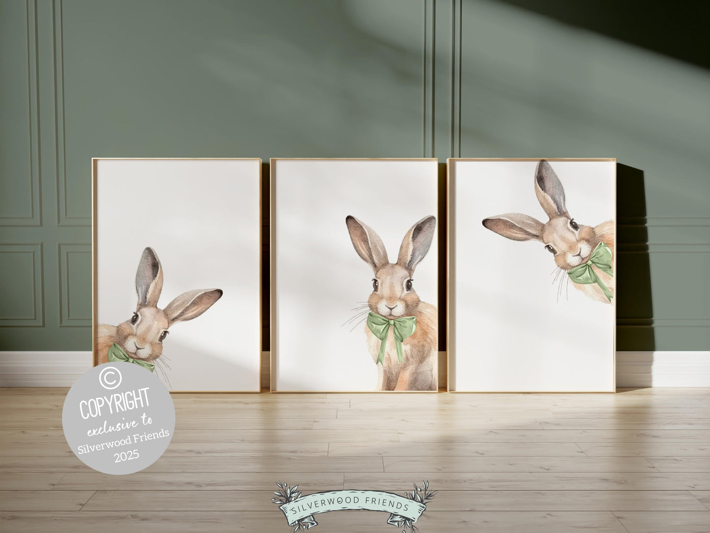 Peeking Bunny Nursery Prints, Green Woodland Forest Bunny Nursery Decor, Toddler Boy Bunny Rabbit Green Bow Nursery Wall Art Digital Prints