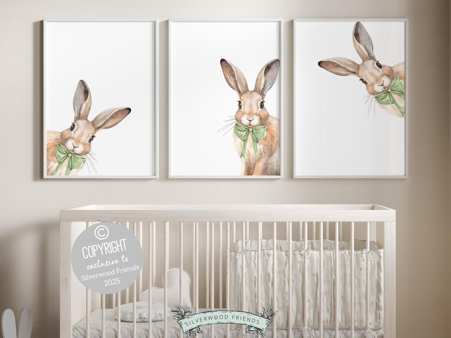 Peeking Bunny Nursery Prints, Green Woodland Forest Bunny Nursery Decor, Toddler Boy Bunny Rabbit Green Bow Nursery Wall Art Digital Prints