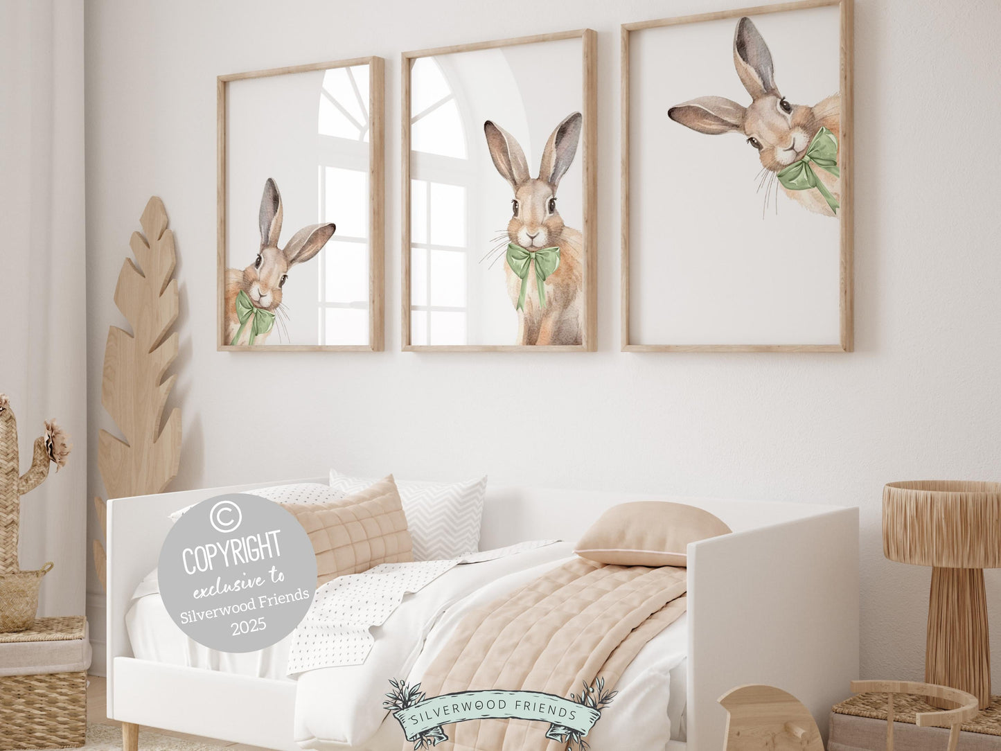 Bunny Nursery Prints, featuring sweet peeking bunnies adorned with green bow ties. Perfect for creating a dreamy bunny-themed space, this charming artwork also makes a unique and heartfelt baby shower gift!
