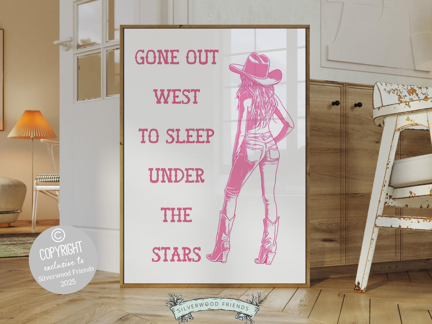 Pink Cowgirl Print, featuring a pink cowgirl and quote Gone out west to sleep under the stars. Perfect for country themed decor, this stylish artwork makes a lovely addition to a nursery, teen room, or any cowgirl inspired space!