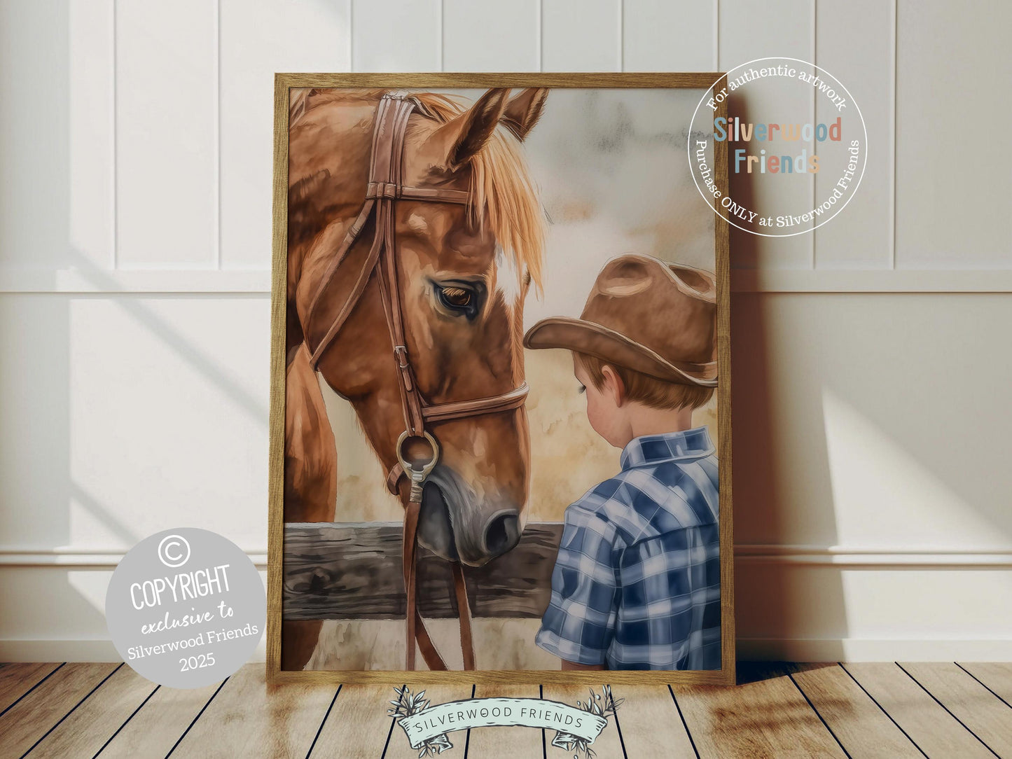 Add a touch of rustic charm to your baby boys nursery with our Cowboy Nursery Print, featuring an adorable little cowboy and his horse at a paddock fence. Perfect for western themed decor and a thoughtful cowboy baby shower gift for horse loving families.