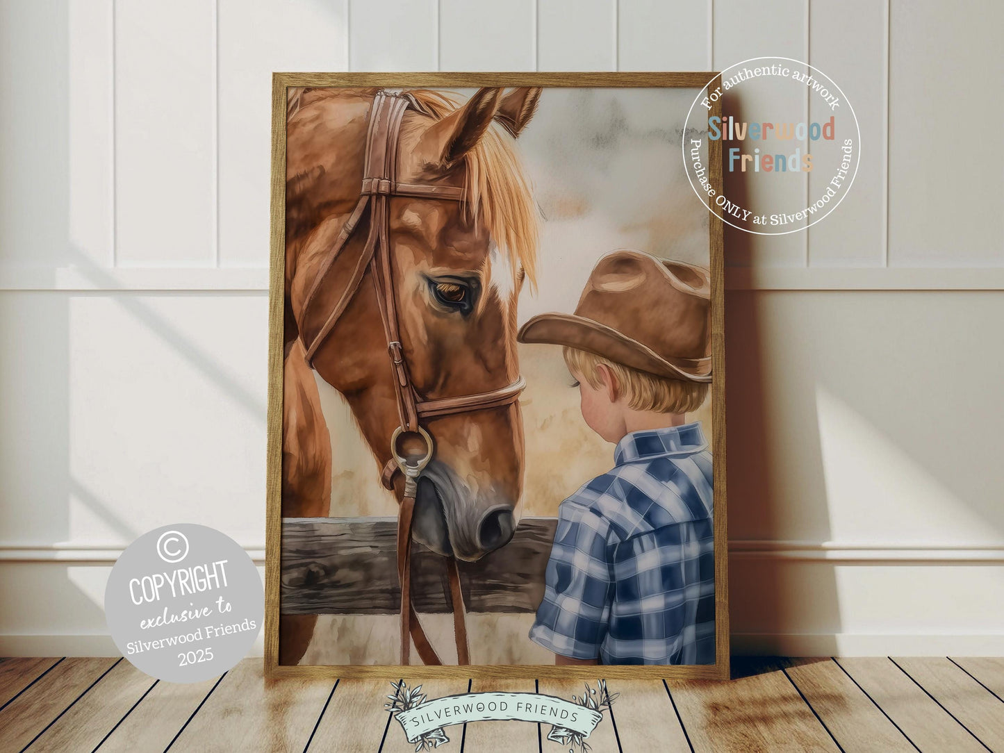 Add a touch of rustic charm to your baby boys nursery with our Cowboy Nursery Print, featuring an adorable little cowboy and his trusty horse at a paddock fence. Perfect for western themed decor and a thoughtful cowboy baby shower gift for horse loving families.