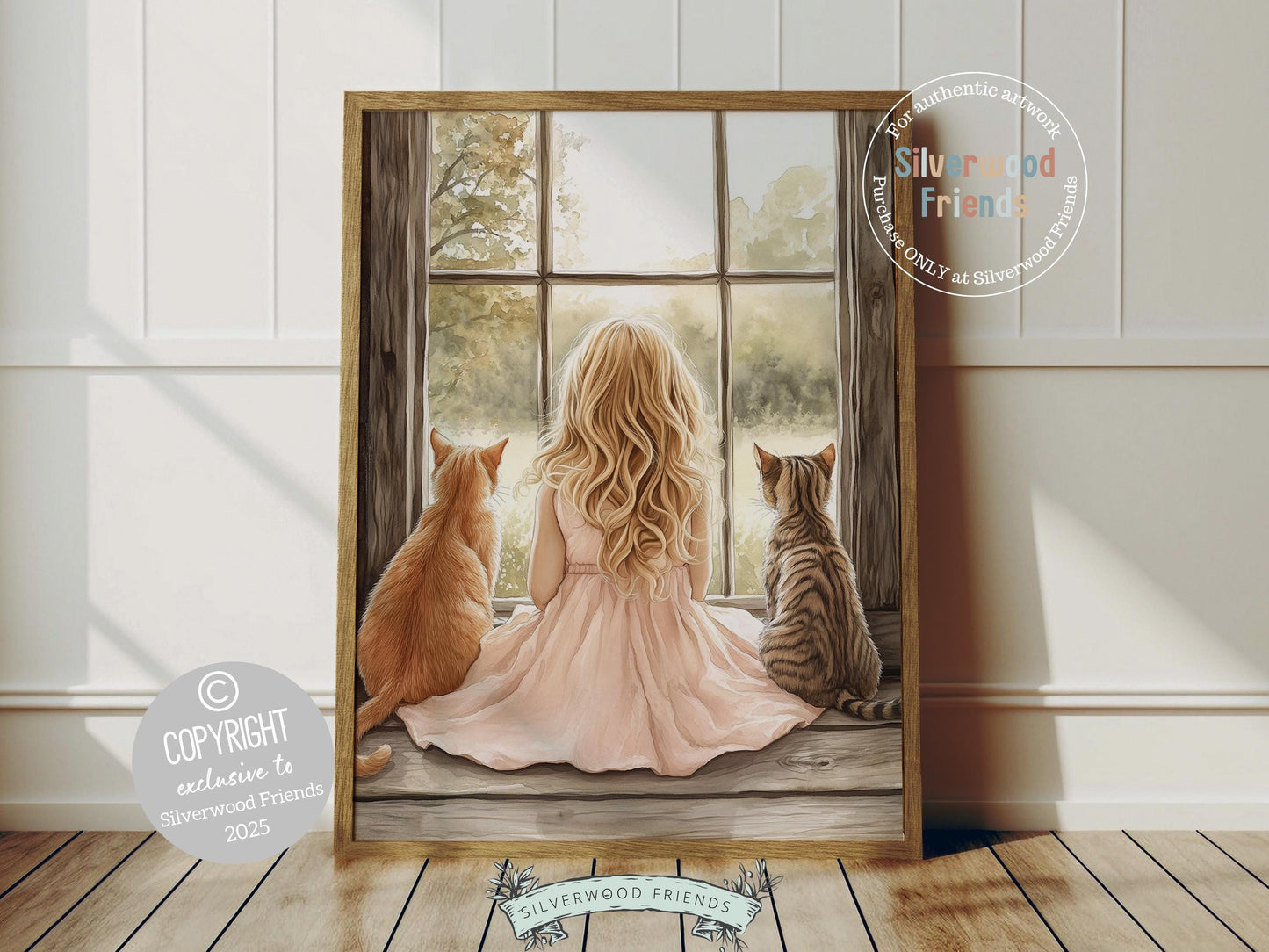 Transport yourself to a dreamy countryside moment with this enchanting watercolor nursery print, featuring a sweet little cowgirl in a flowing pink dress, gazing wistfully out of her farmhouse barn window with her two loyal tabby cats nestled beside her. A perfect blend of rustic charm and childhood nostalgia, this timeless piece adds a touch of whimsy to any western or farmhouse nursery and makes a heartfelt baby shower gift to be cherished for years to come.