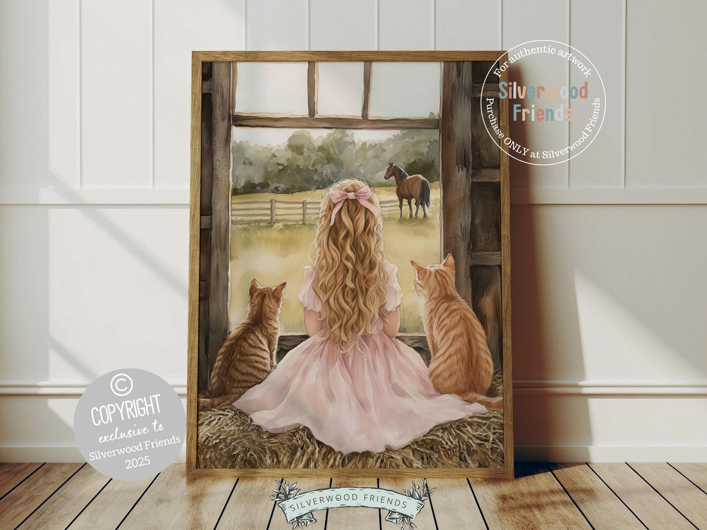 Transport yourself to a dreamy countryside moment with this enchanting watercolor nursery print, featuring a sweet little cowgirl in a flowing pink dress, gazing wistfully out of her farmhouse barn window at her beautiful brown horse, with her two loyal tabby cats nestled beside her. A perfect blend of rustic charm and childhood nostalgia, this timeless piece adds a touch of whimsy to any western or farmhouse nursery and makes a heartfelt baby shower gift to be cherished for years to come.