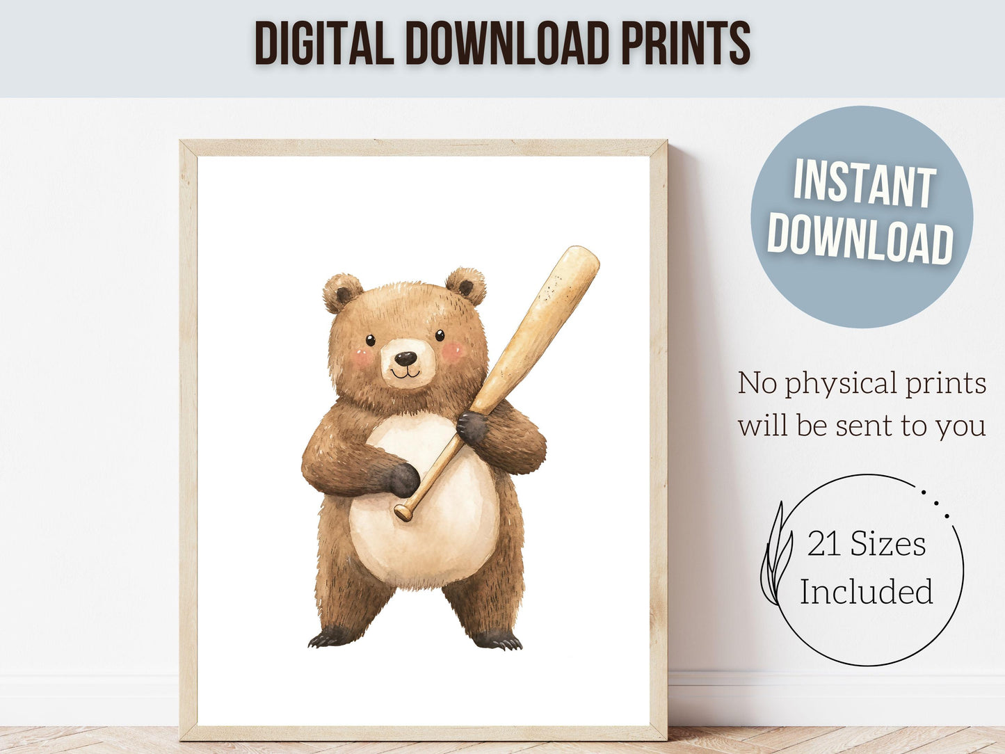 Baseball Nursery Prints, Woodland Bear Nursery Decor, Boys Room Sport Theme Decor, Baseball Printable Posters, Kids Baseball Digital Prints