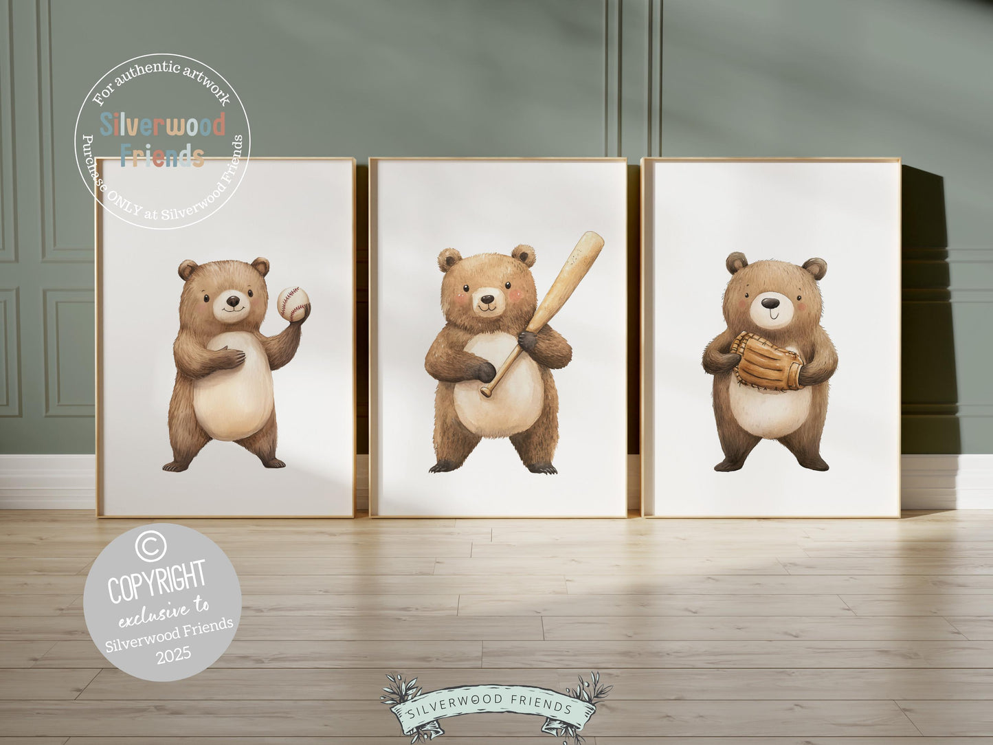 Baseball Nursery Prints, Woodland Bear Nursery Decor, Boys Room Sport Theme Decor, Baseball Printable Posters, Kids Baseball Digital Prints