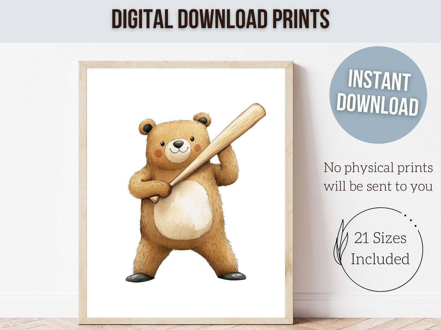 Baseball Nursery Prints, Woodland Bear Nursery Decor, Boys Room Sport Theme Decor, Baseball Printable Posters, Kids Baseball Digital Prints