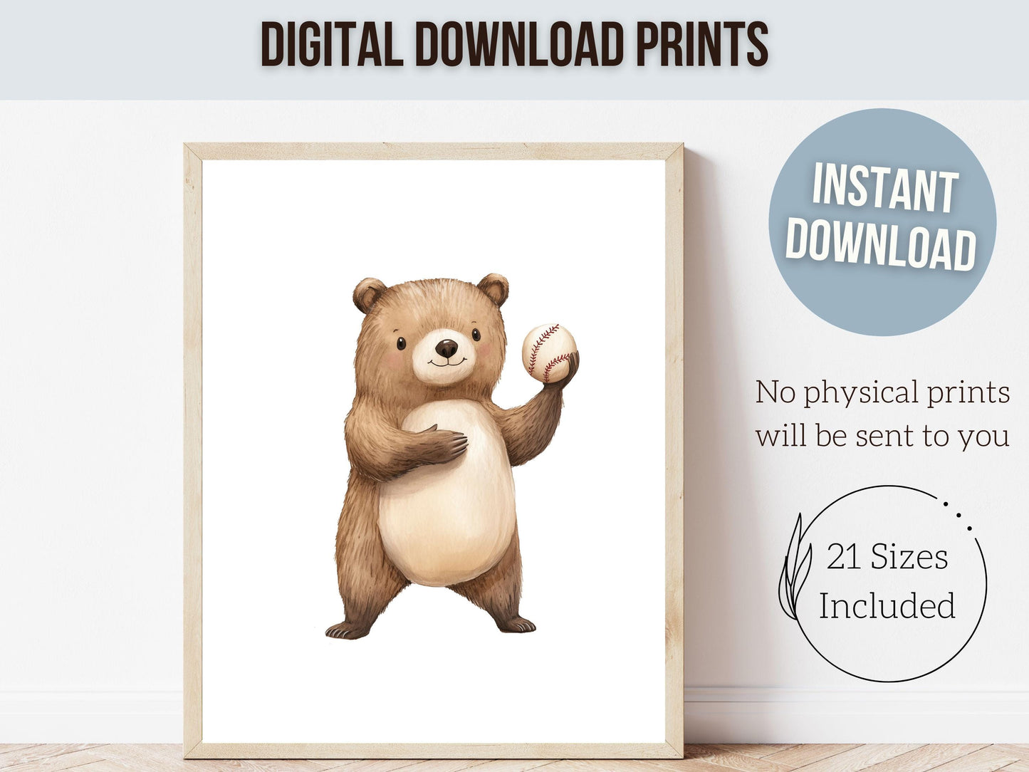 Baseball Nursery Prints, Woodland Bear Nursery Decor, Boys Baseball Room Sport Theme Decor, Kids Baseball Printable Posters Digital Prints