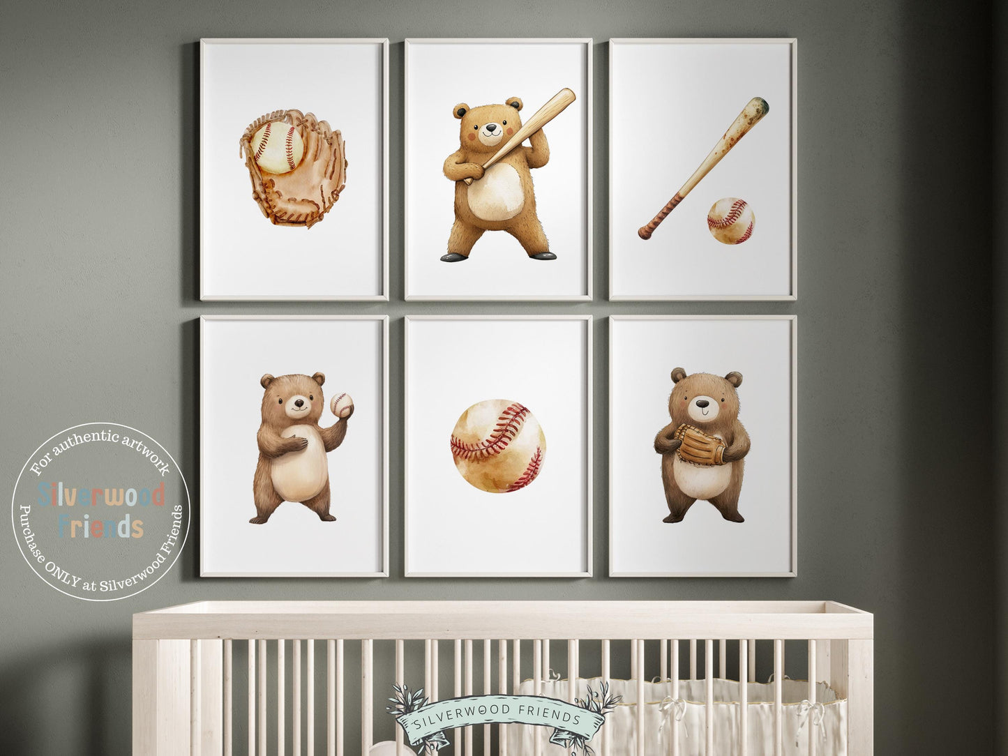 Baseball Nursery Prints, Woodland Bear Nursery Decor, Boys Baseball Room Sport Theme Decor, Kids Baseball Printable Posters Digital Prints