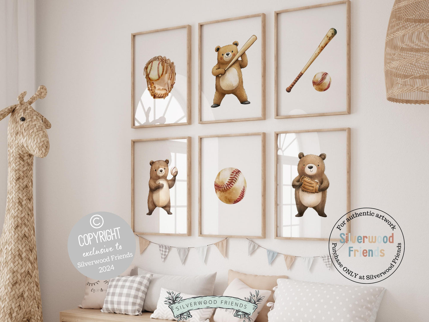 Hit a home run with your nursery decor! Our Baseball Nursery Print Set of 6 features charming woodland bears playing baseball with a baseball bat, mitten and ball and is perfect for a sports-themed nursery or a cozy woodland bear room. A grand slam addition for little sluggers and makes a unique baby shower gift.