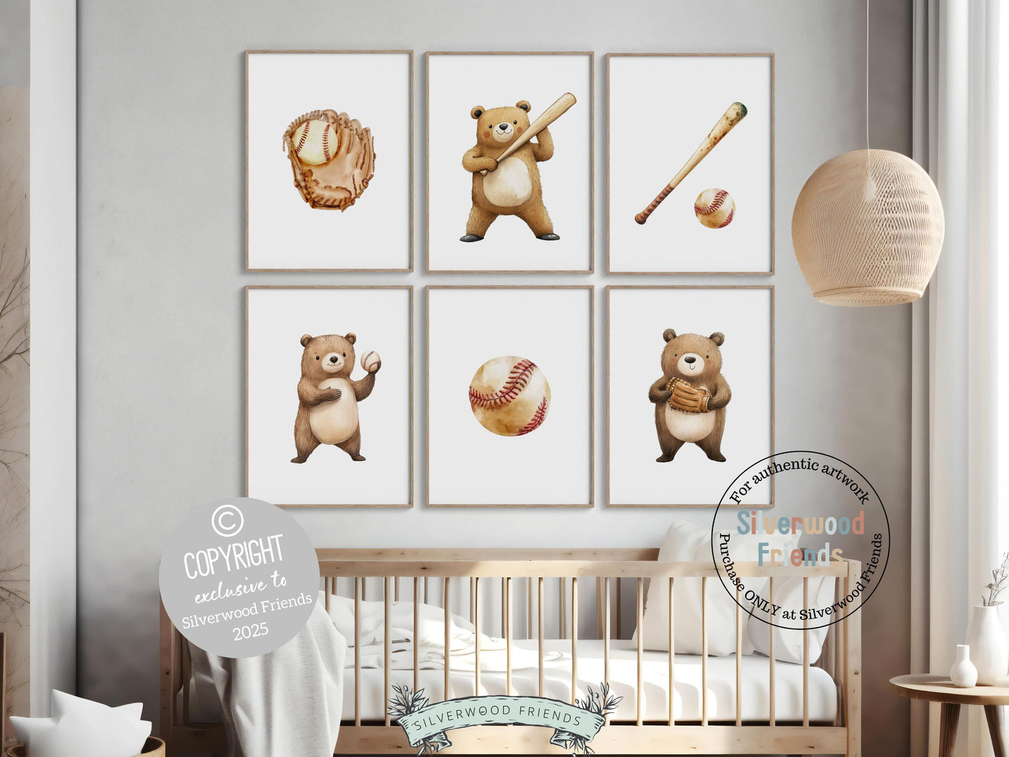 Baseball Nursery Prints, Woodland Bear Nursery Decor, Boys Baseball Room Sport Theme Decor, Kids Baseball Printable Posters Digital Prints