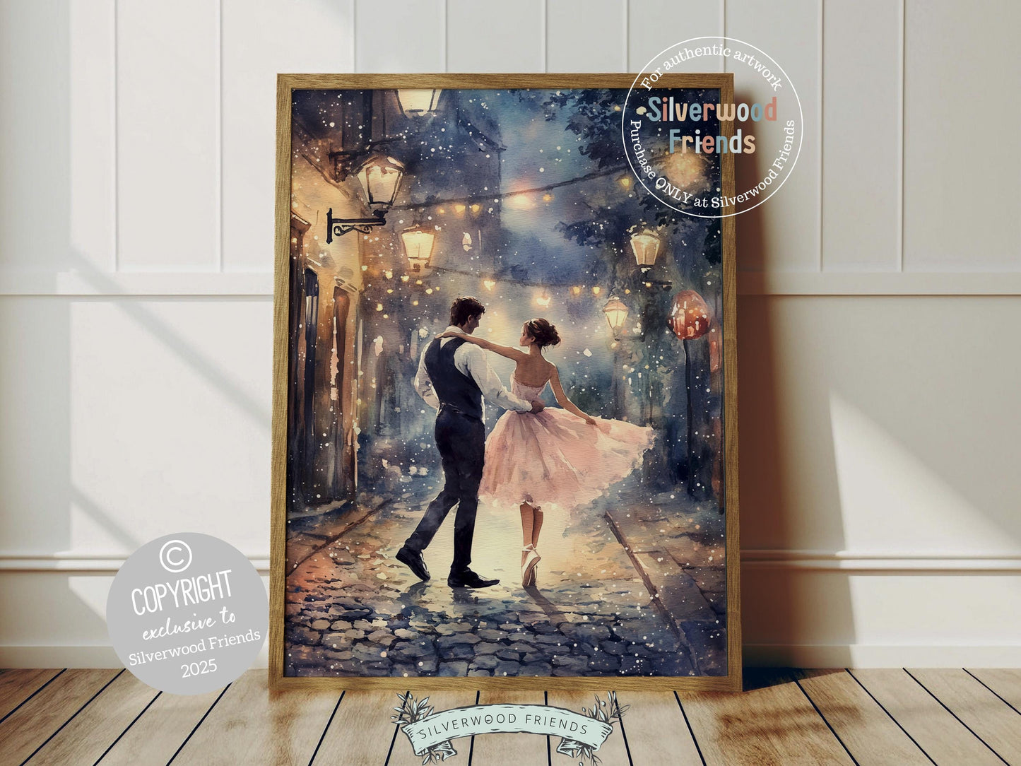 Celebrate love and romance with this enchanting ballet print, capturing a magical moment as a graceful ballerina dances with her partner beneath twinkling fairy lights. A perfect gift for Valentine's Day, Christmas, or a heartfelt housewarming present for couples, this dreamy artwork adds timeless elegance and whimsical charm to any space all year round!