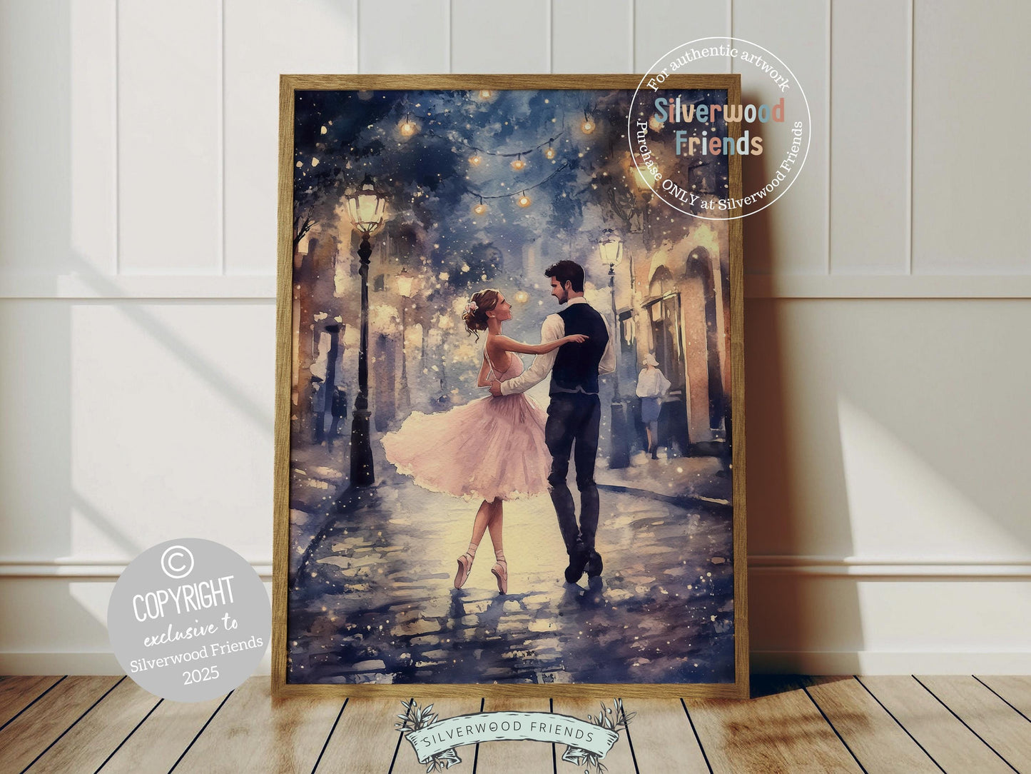 Celebrate love and romance with this enchanting ballet print, capturing a magical moment as a graceful ballerina dances with her partner beneath twinkling fairy lights. A perfect gift for Valentine's Day, Christmas, or a heartfelt housewarming present for couples, this dreamy artwork adds timeless elegance and whimsical charm to any space all year round!