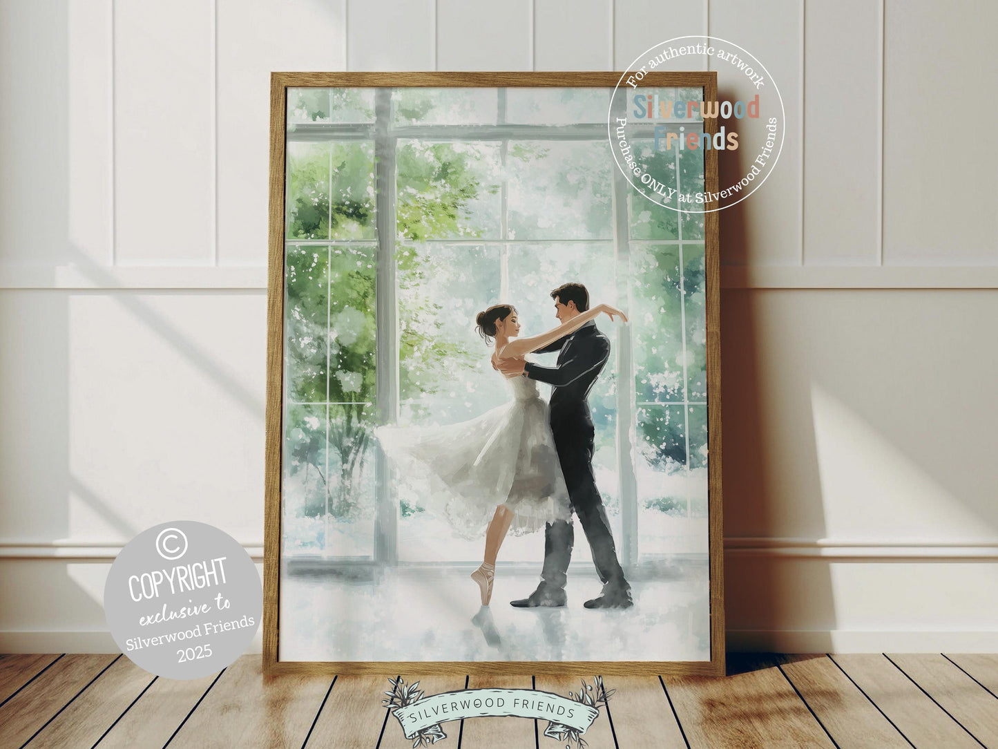 Celebrate love and romance with this enchanting winter ballet print, showcasing a graceful ballerina and her partner dancing in front of a dreamy window as snowflakes gently fall. The perfect gift for Valentines Day, Christmas, or a heartfelt housewarming present, this magical artwork brings timeless elegance and whimsical charm to any space all year round!