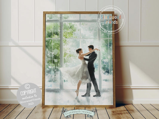 Celebrate love and romance with this enchanting winter ballet print, showcasing a graceful ballerina and her partner dancing in front of a dreamy window as snowflakes gently fall. The perfect gift for Valentines Day, Christmas, or a heartfelt housewarming present, this magical artwork brings timeless elegance and whimsical charm to any space all year round!